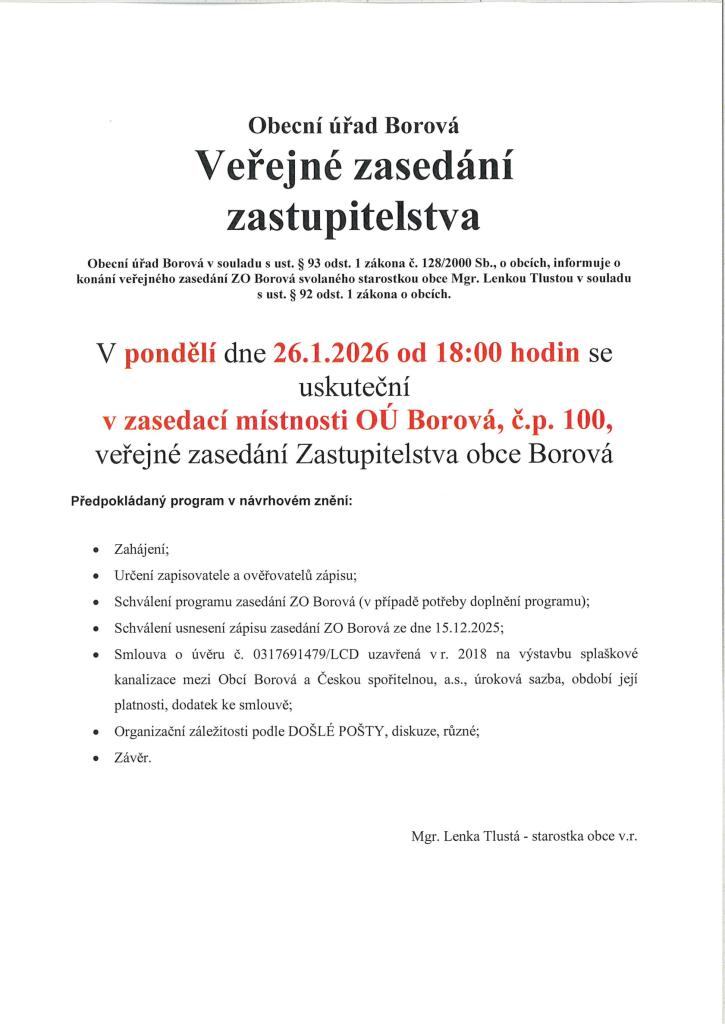 Veřejné zasedání ZO Borová